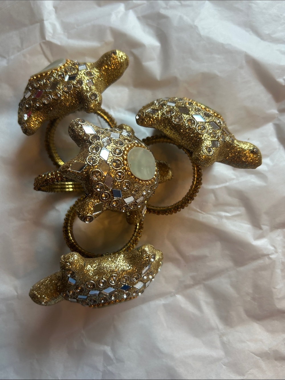 Gold-Tone Crystal Turtle Napkin Rings with Mother-of-Pearl Accent